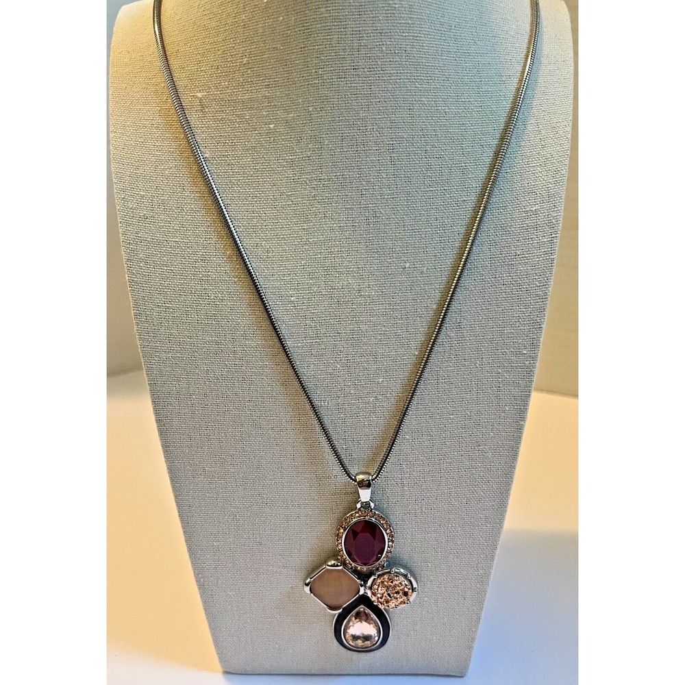 Chico's Abstract Necklace Multi-Stone Pendant Silvertone Chain 15.5" Drop Boho‎